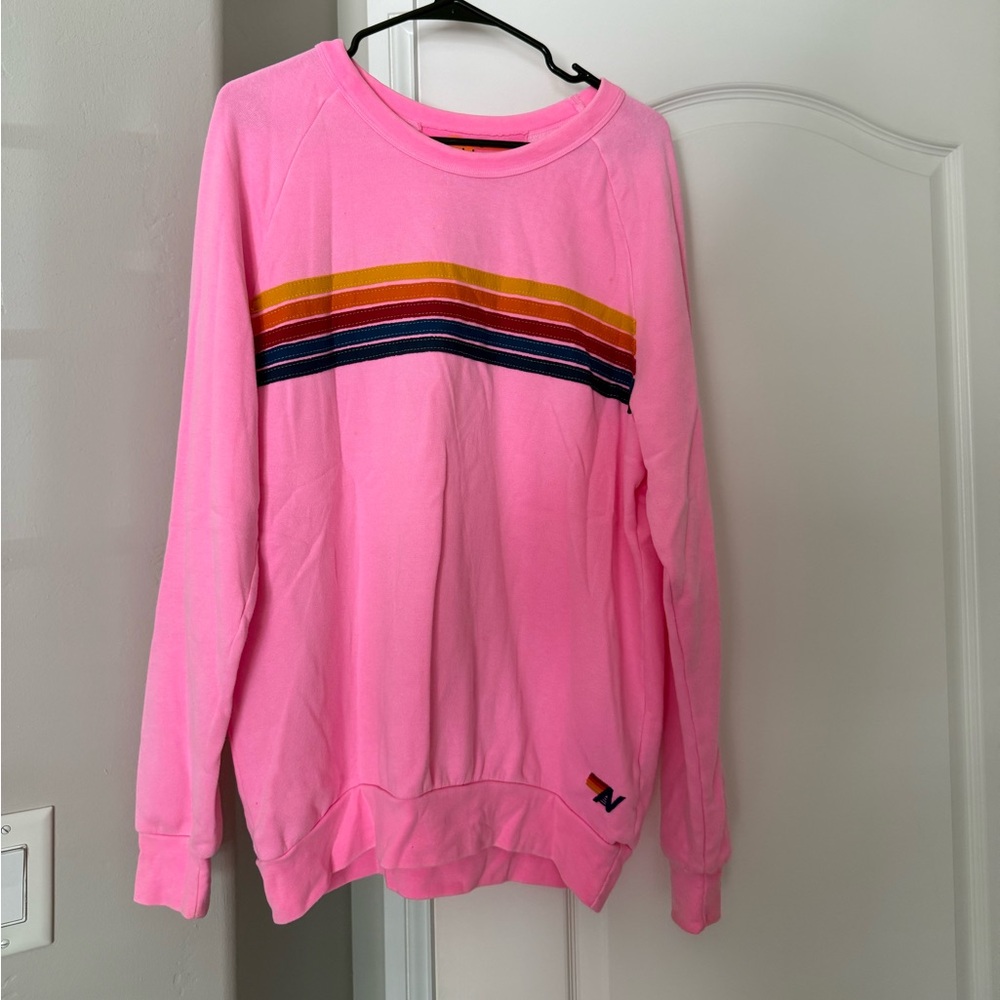 Aviator Nation Pink 5 Stripe Crew Sweatshirt